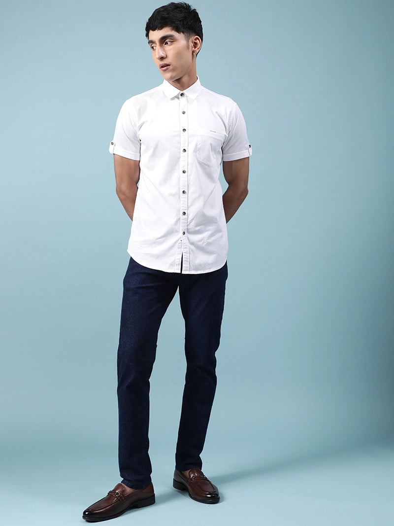 Men White Half Sleeve Casual Plain Shirt - Global Republic