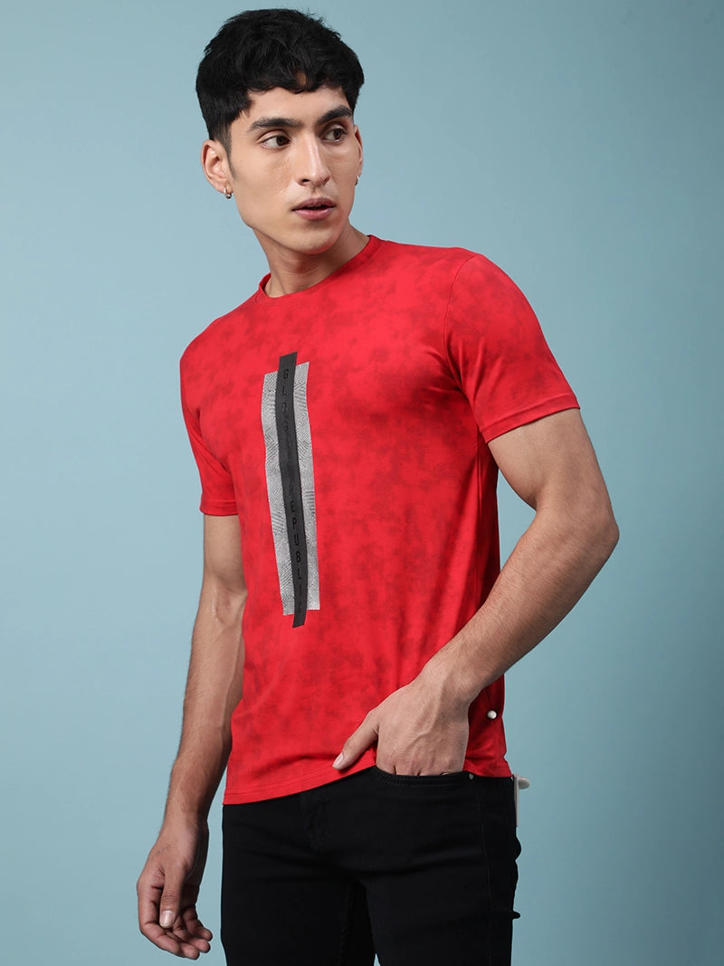 Men Red Alpha Printed Illusion T-Shirt - Global Republic