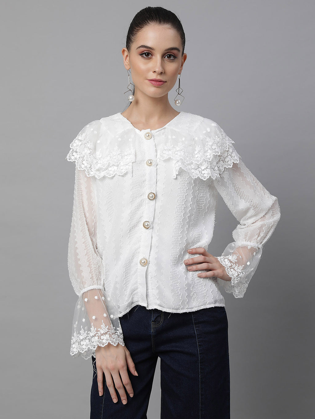 Women Loose Fit White Embroidered Lace Shirt – Global