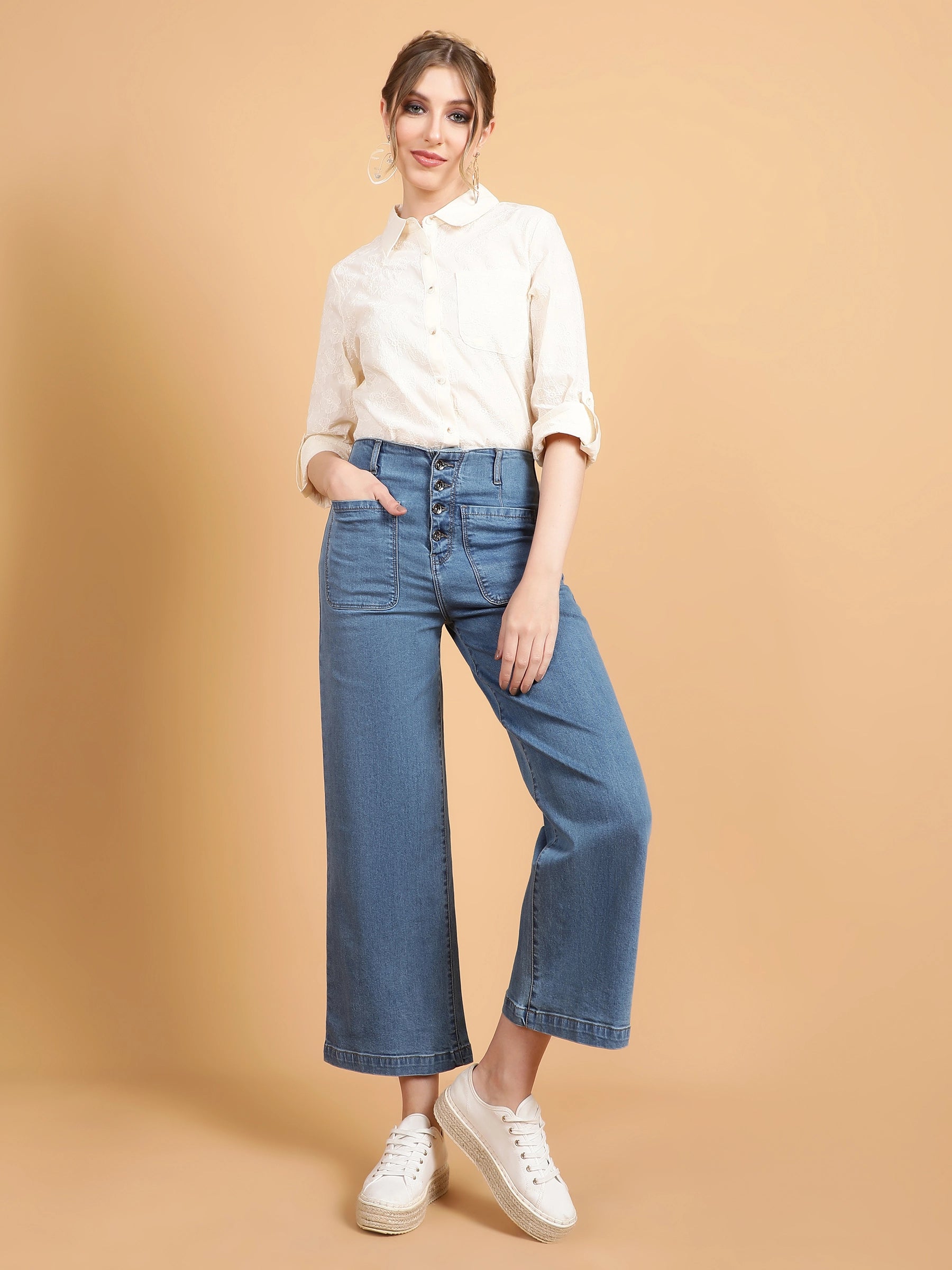 women denim mid blue high rise jeans