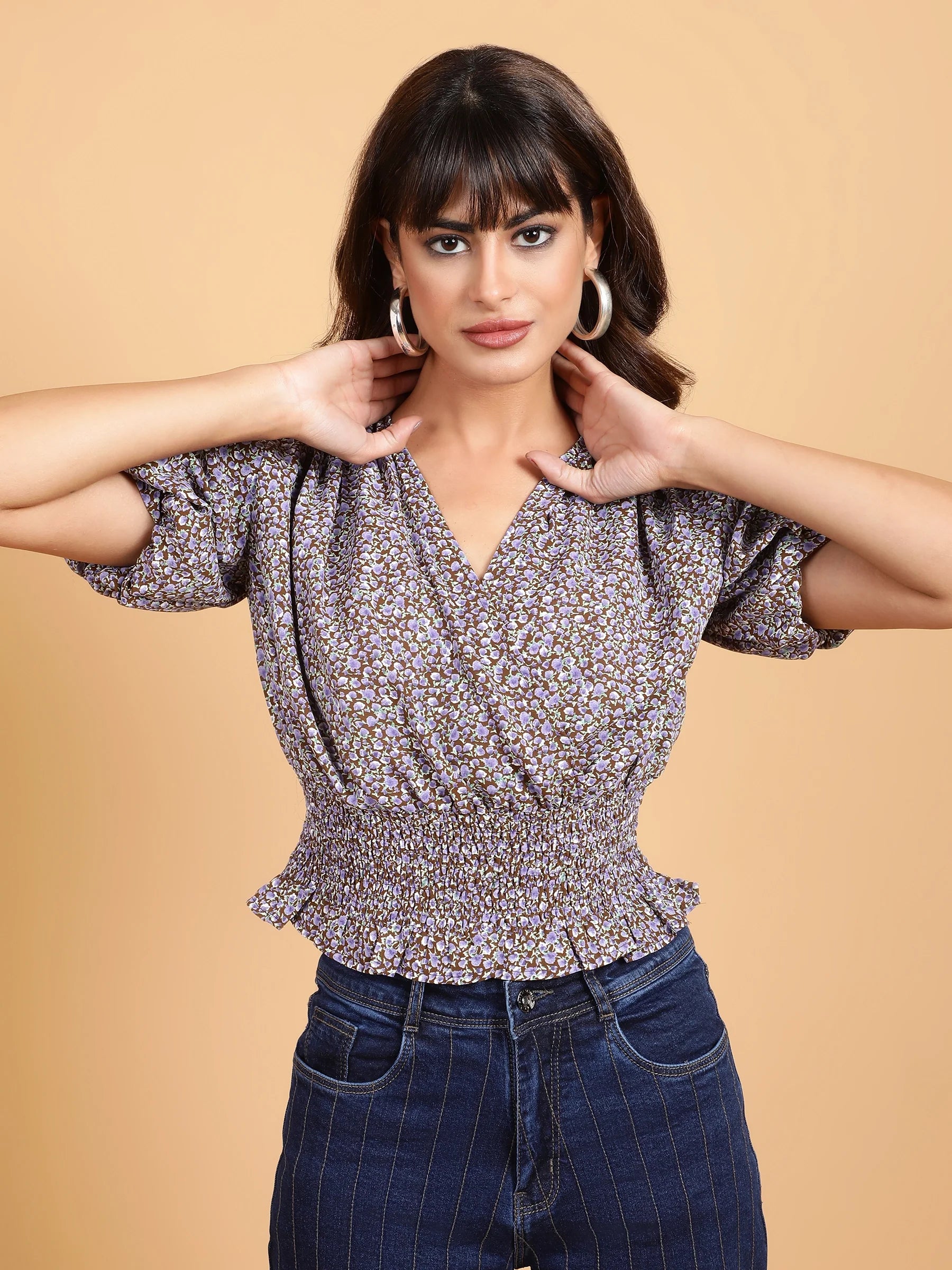 Elasticated Hem Floral Print Cropped Top - Global Republic