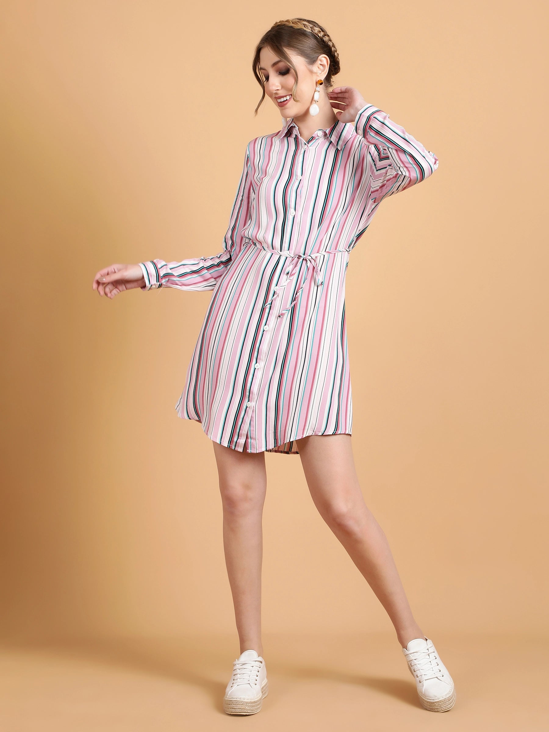 Women Straight Fit Pink Multi Color Vertical Lines Tunic