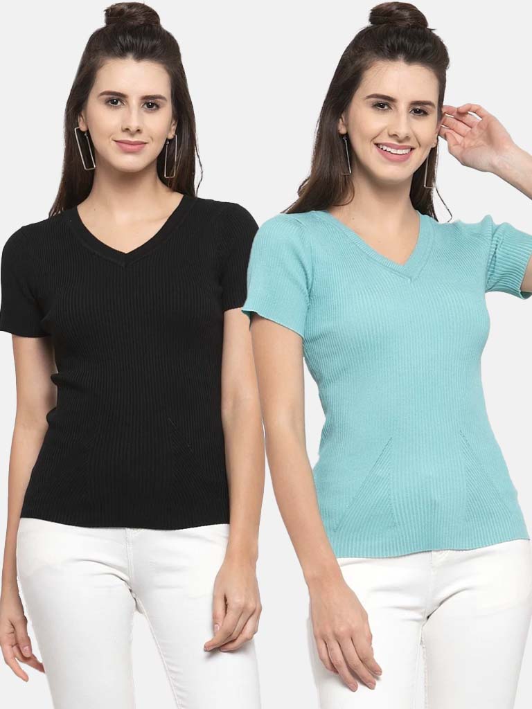 Women Solid Black and Teal Viscose Combo of 2 Tops