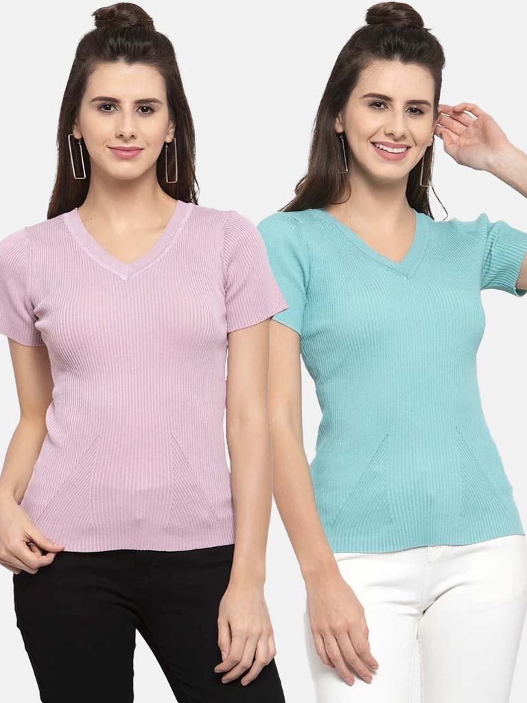 Women Solid Pink and Teal Viscose Combo of 2 Tops