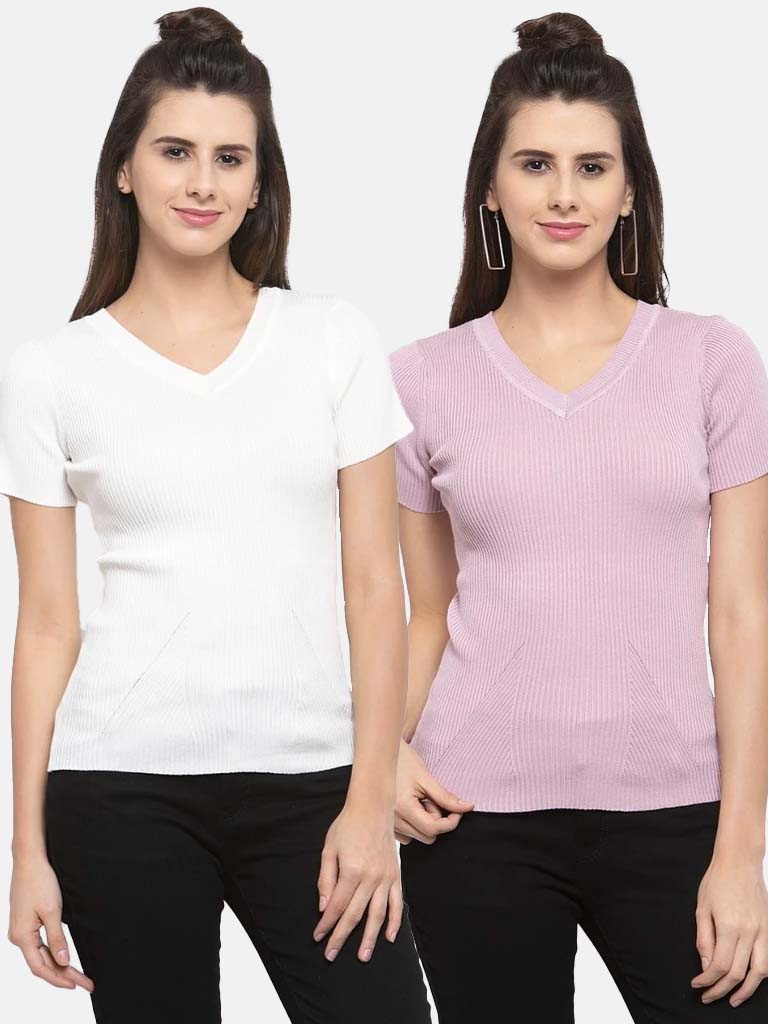 Women Solid Off White and Pink Viscose Combo of 2 Tops