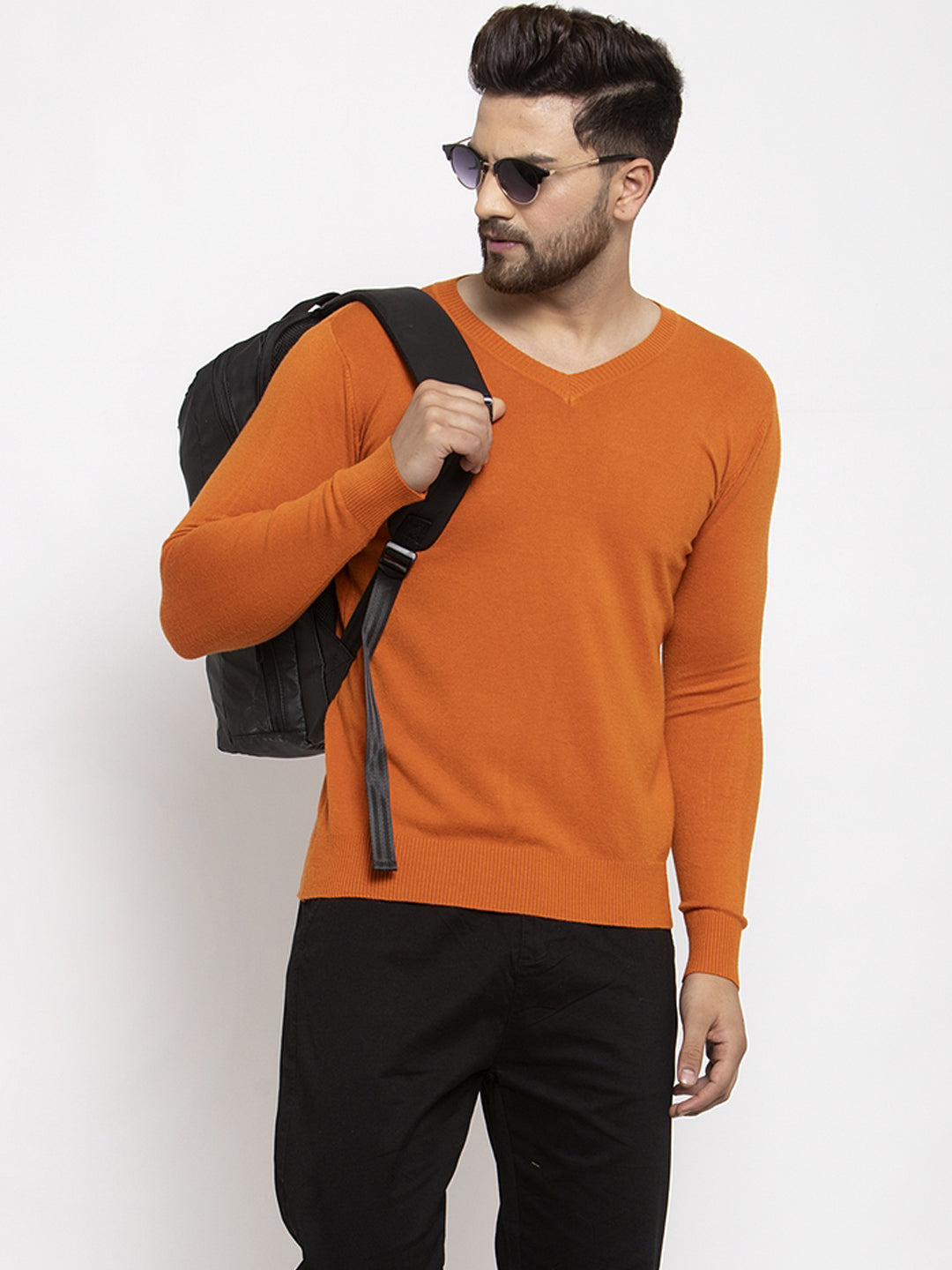 Men Rust Solid V-Neck Pullover