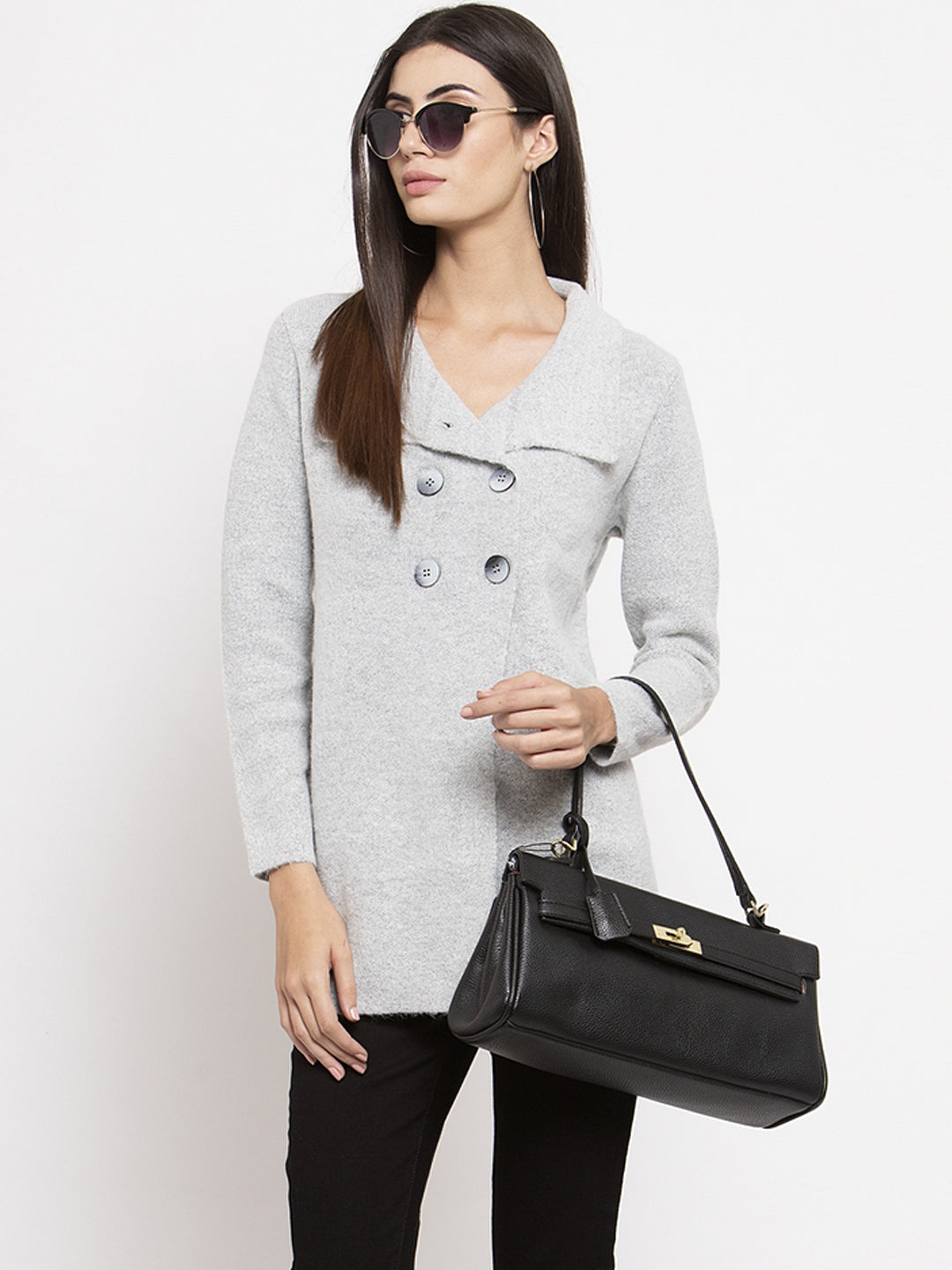 Women Grey Long Sleeves Solid Coat
