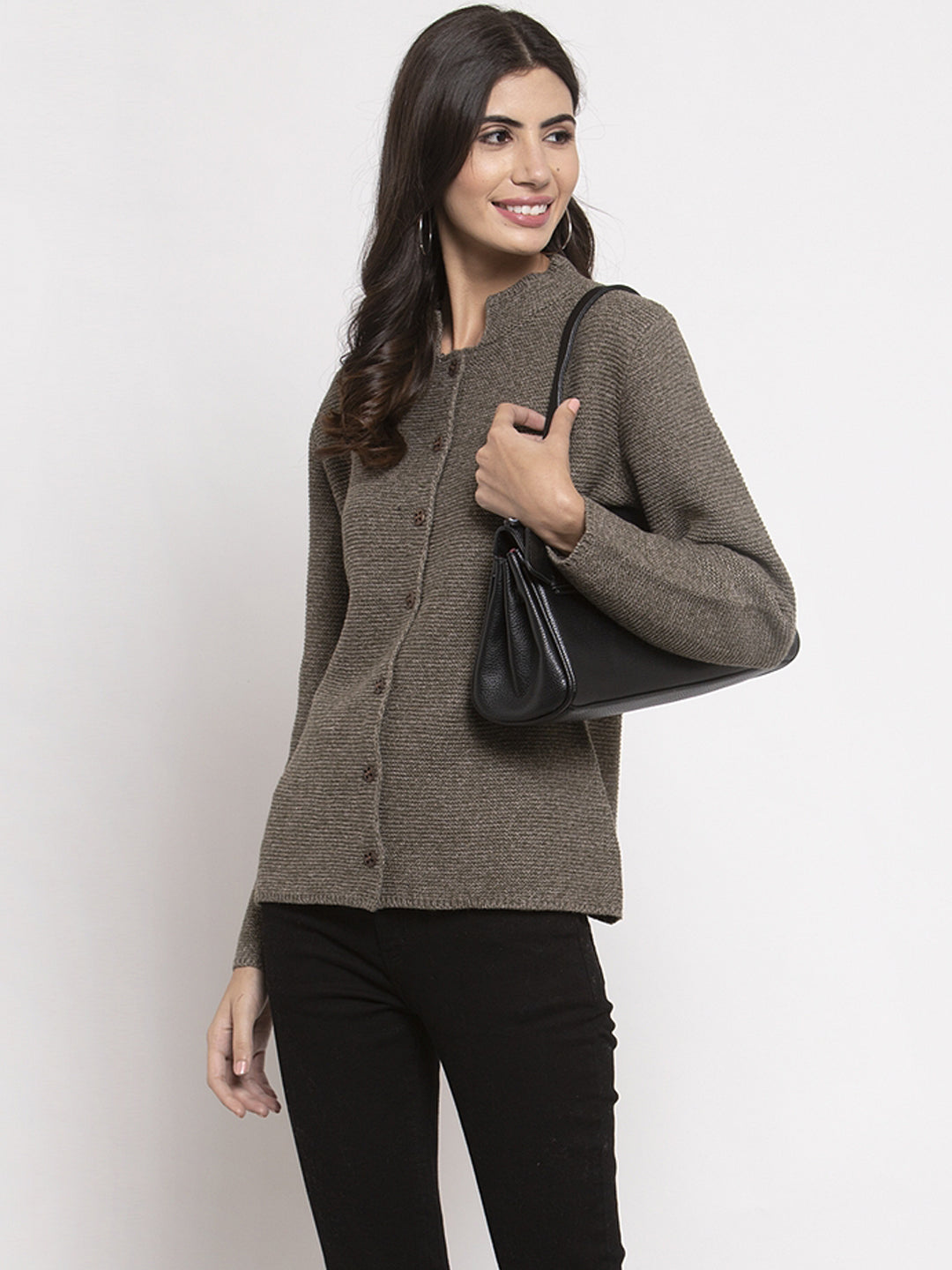 Women Green Long Sleeves Solid Cardigan