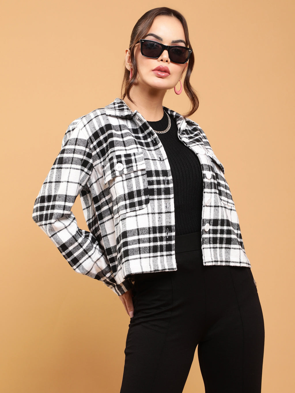 Women Black White Loose Fit Checkered Plaid Shirt –