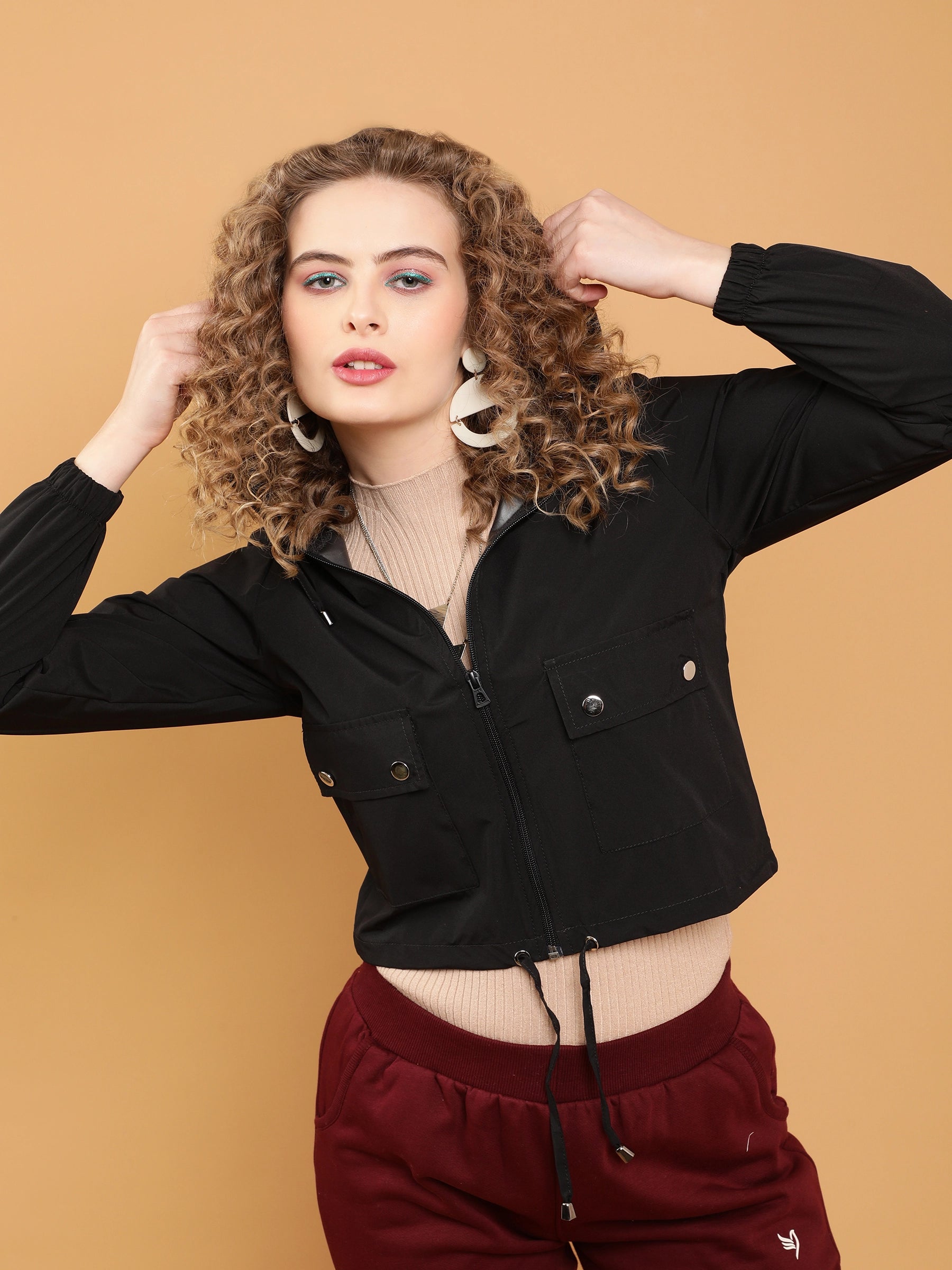 Black Hooded Cropped Jacket - Global Republic