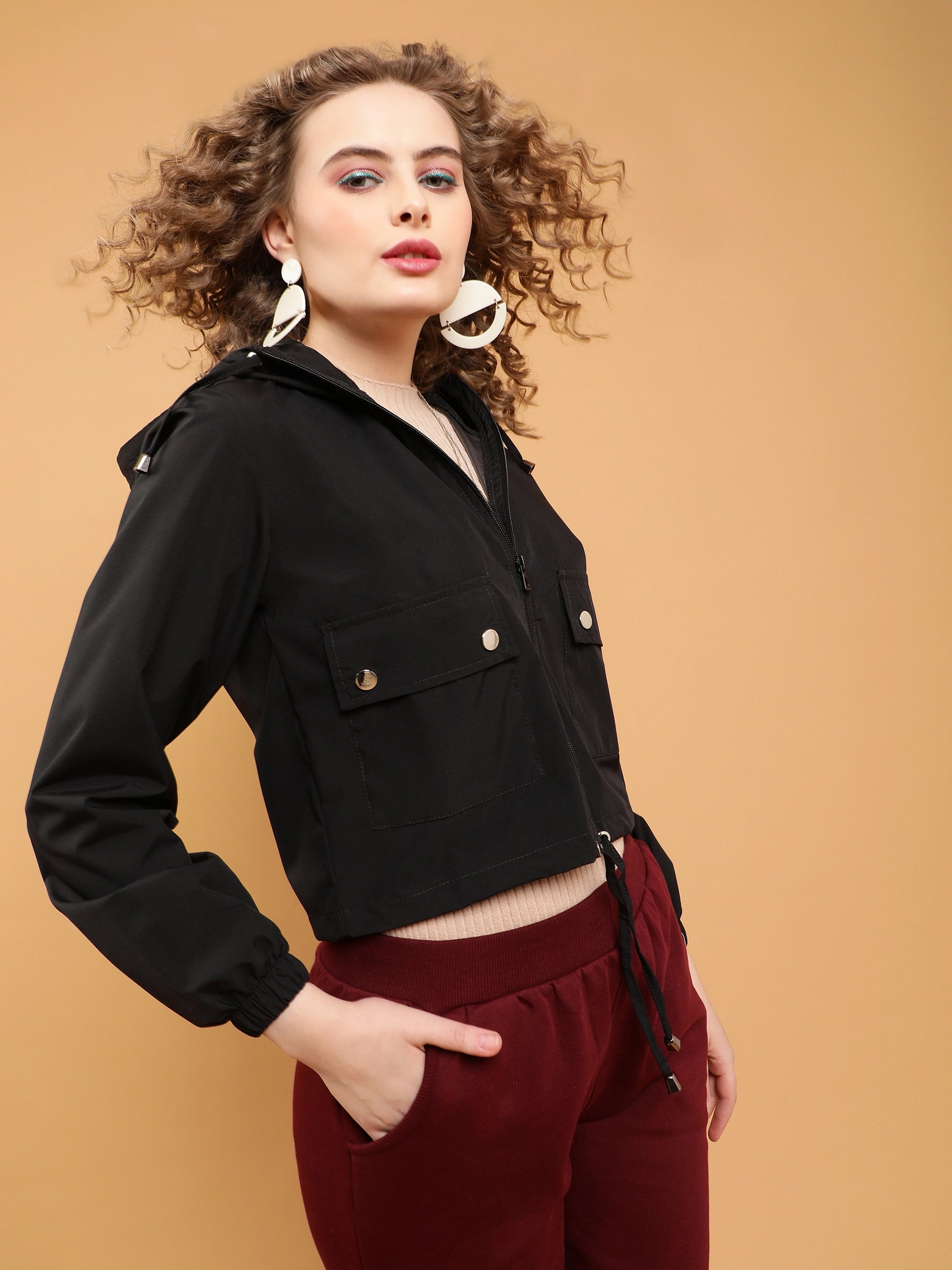 Black Hooded Cropped Jacket - Global Republic