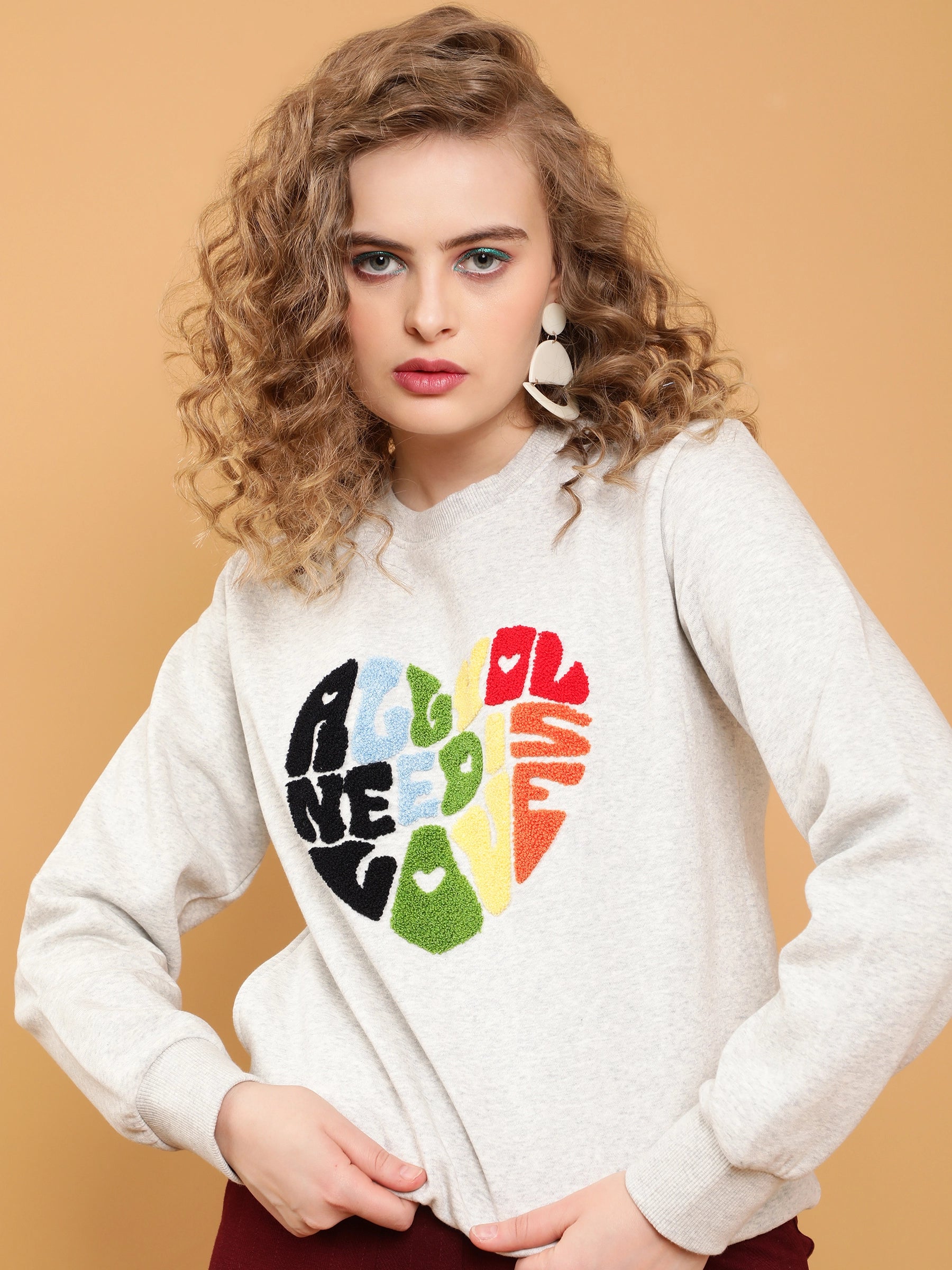 Women Ecru Typographic Heart Tufted Regular Fit Fleece Sweatshirt - Global Republic