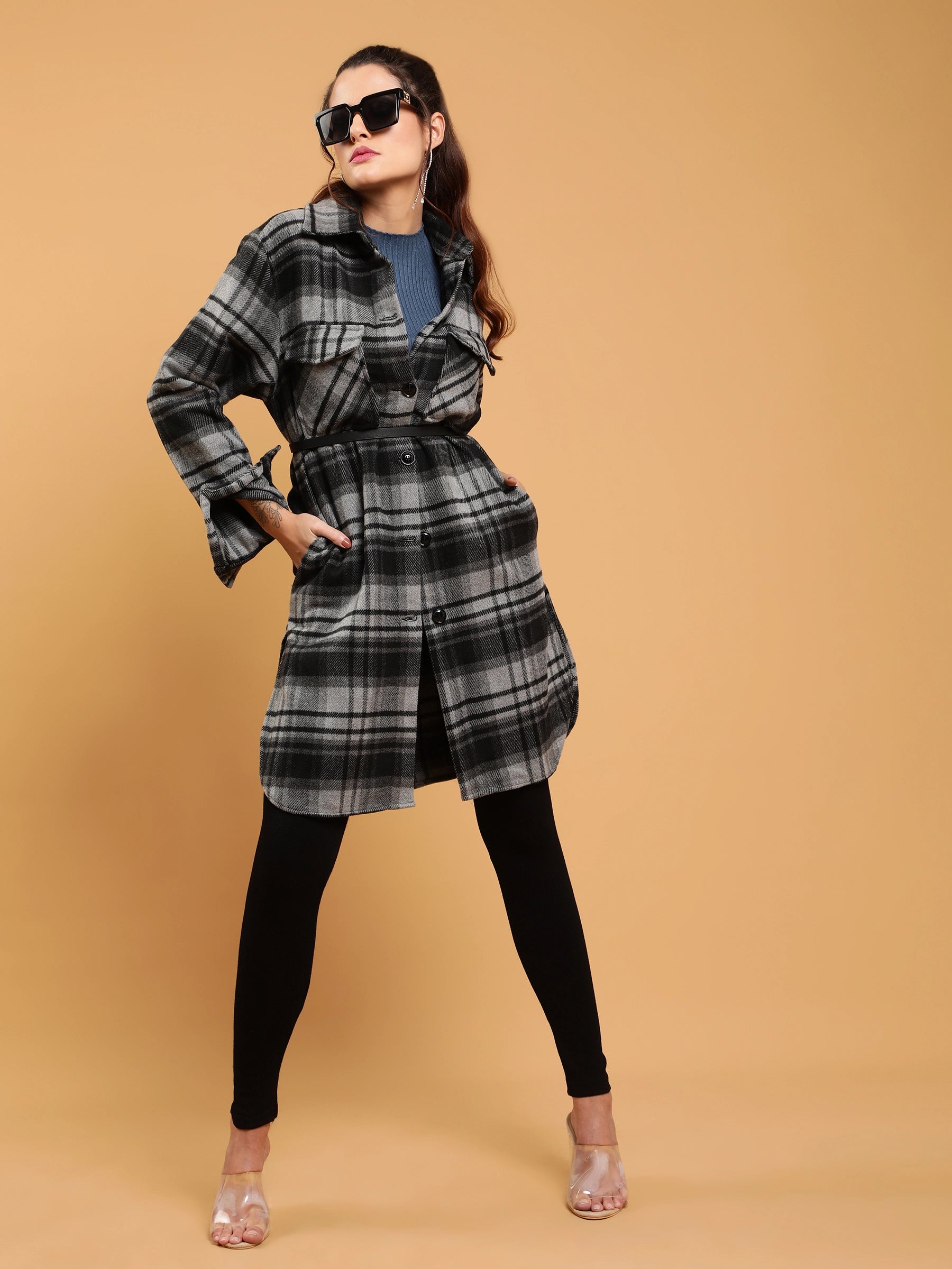 Women Black Checkered Flannel Knee Length Shacket - Global Republic