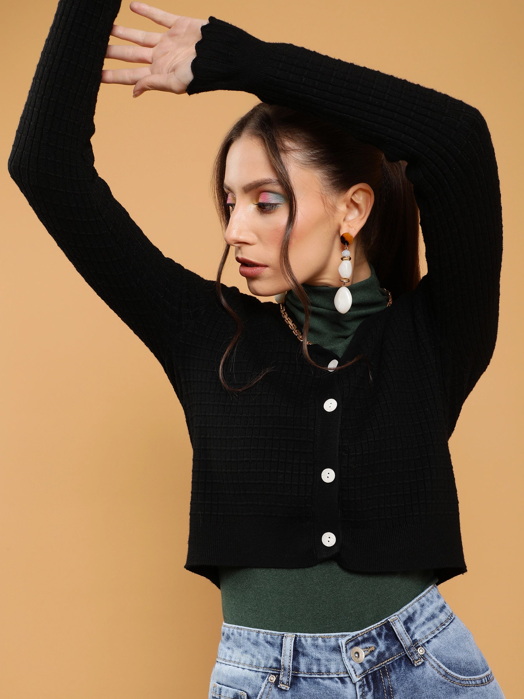 Black Jacquard Crop Cardigan - Global Republic