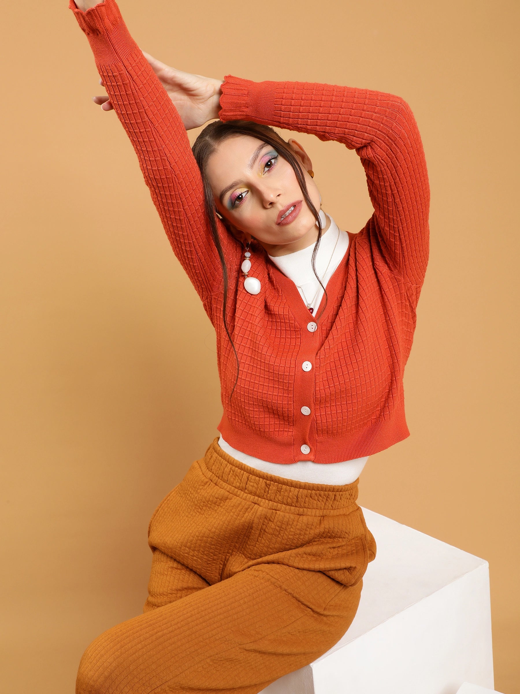 Rust Jacquard Crop Cardigan - Global Republic