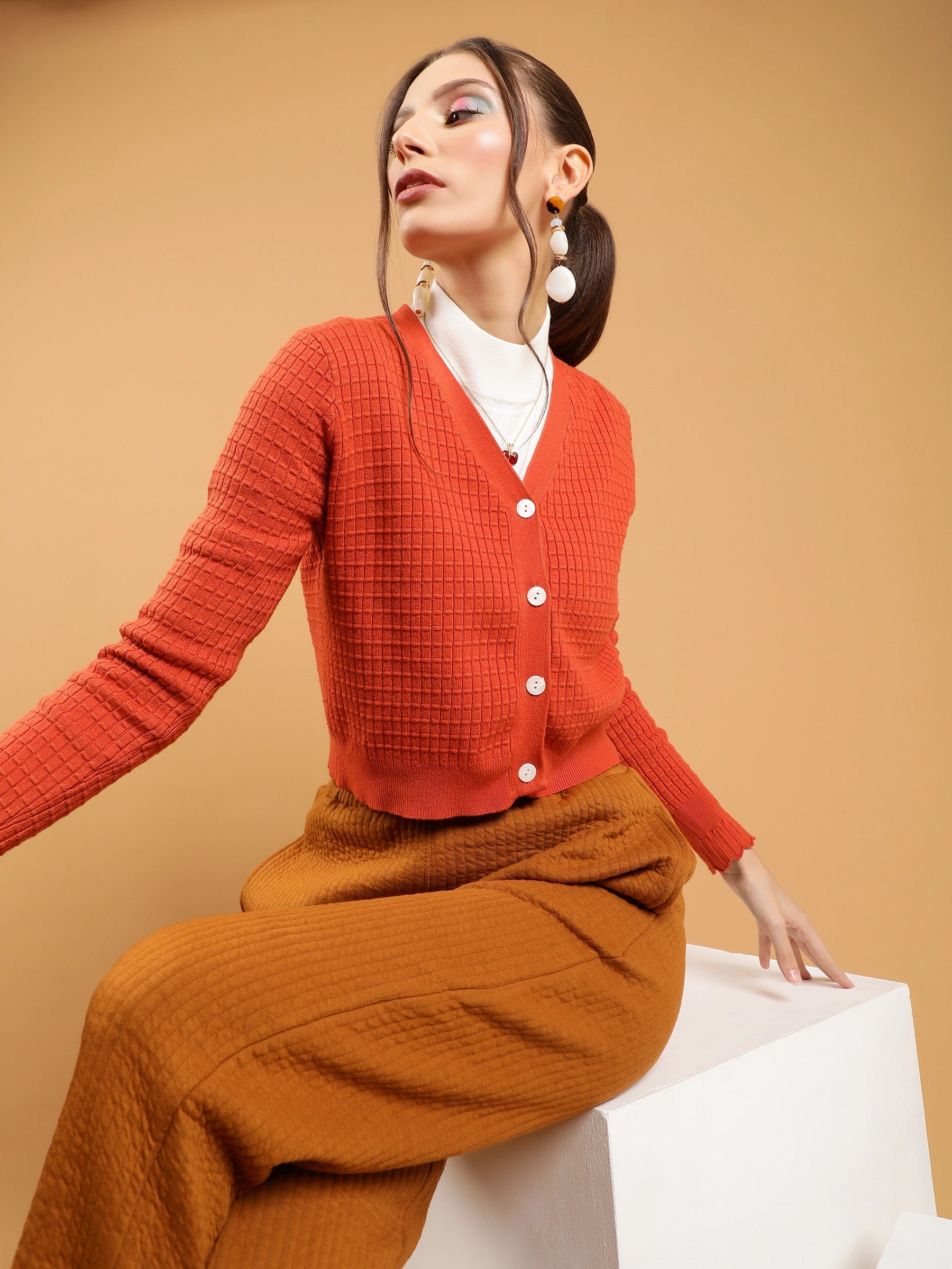 Rust Jacquard Crop Cardigan - Global Republic