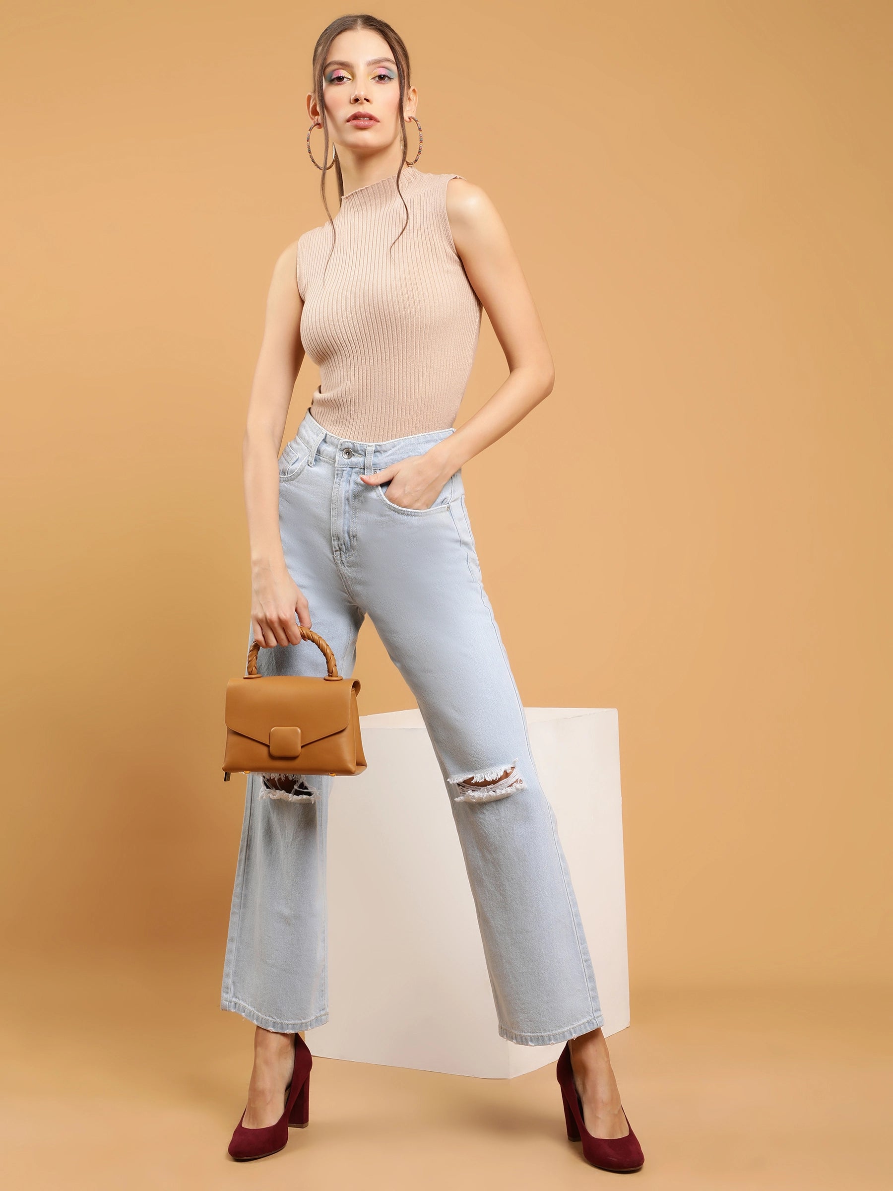 Women Light Blue Distressed Knee Straight Leg Mid Rise Jeans - Global Republic