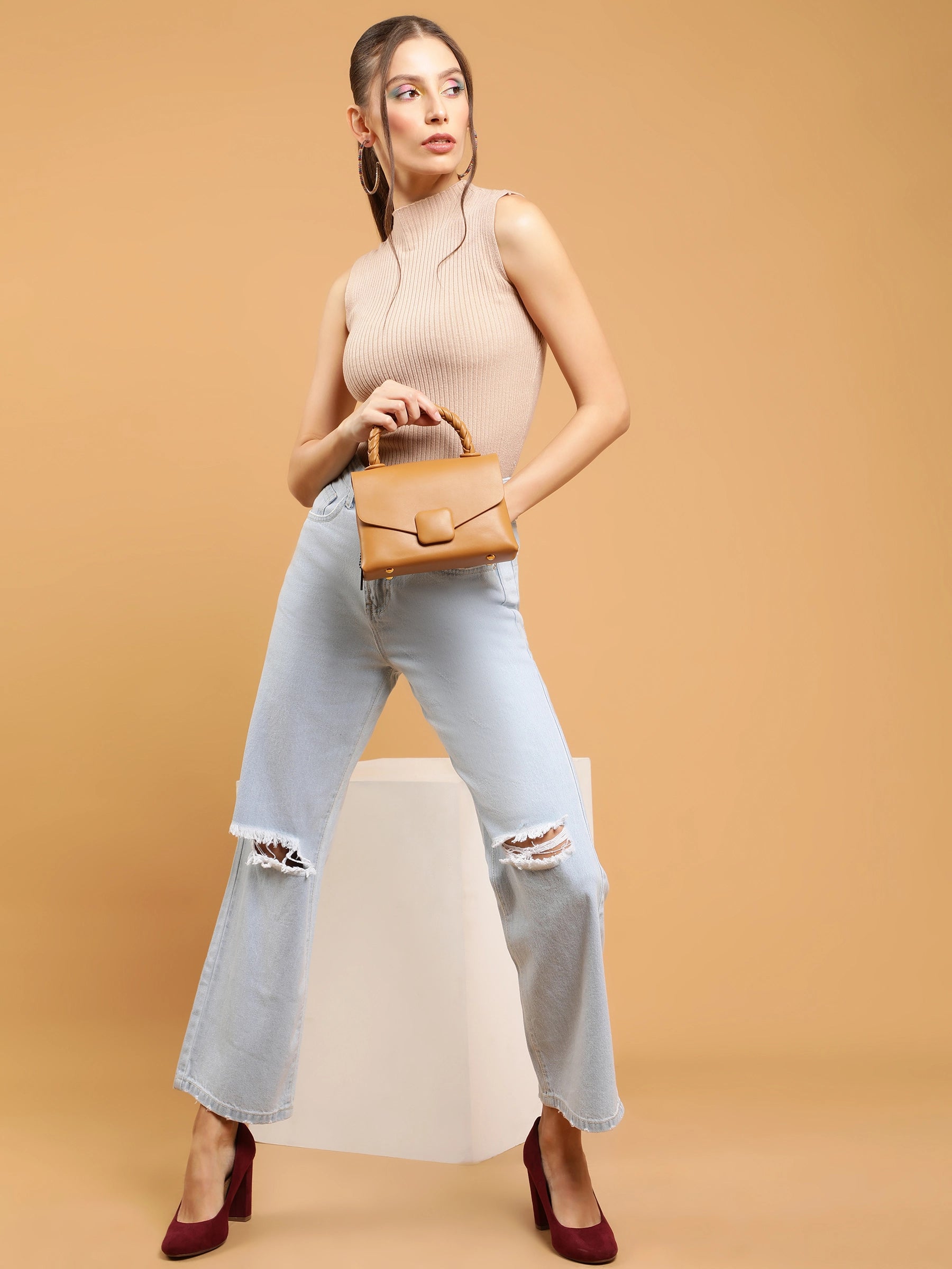 Women Light Blue Distressed Knee Straight Leg Mid Rise Jeans - Global Republic