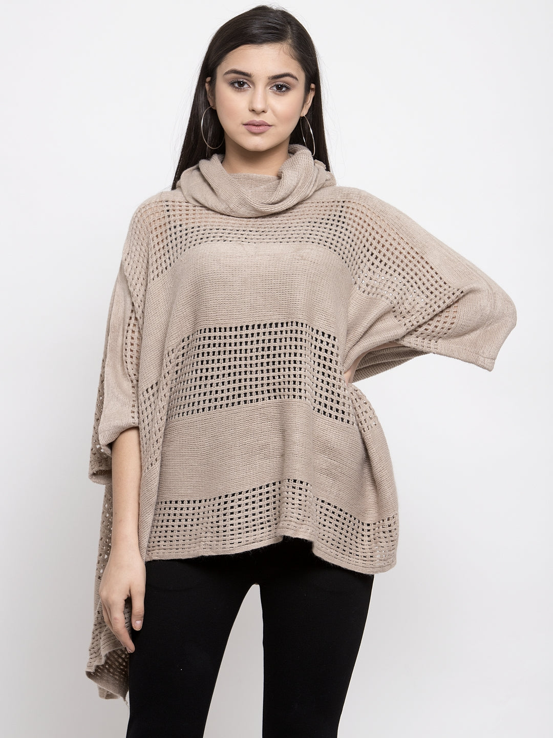 Women Solid Khaki Cowl Neck Ponchu