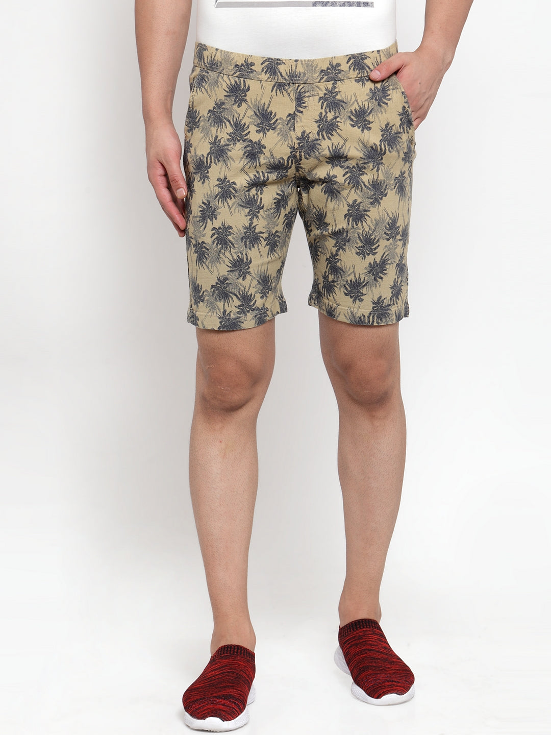 Mens Printed Beige And Plain Olive Combo Of 2 Shorts