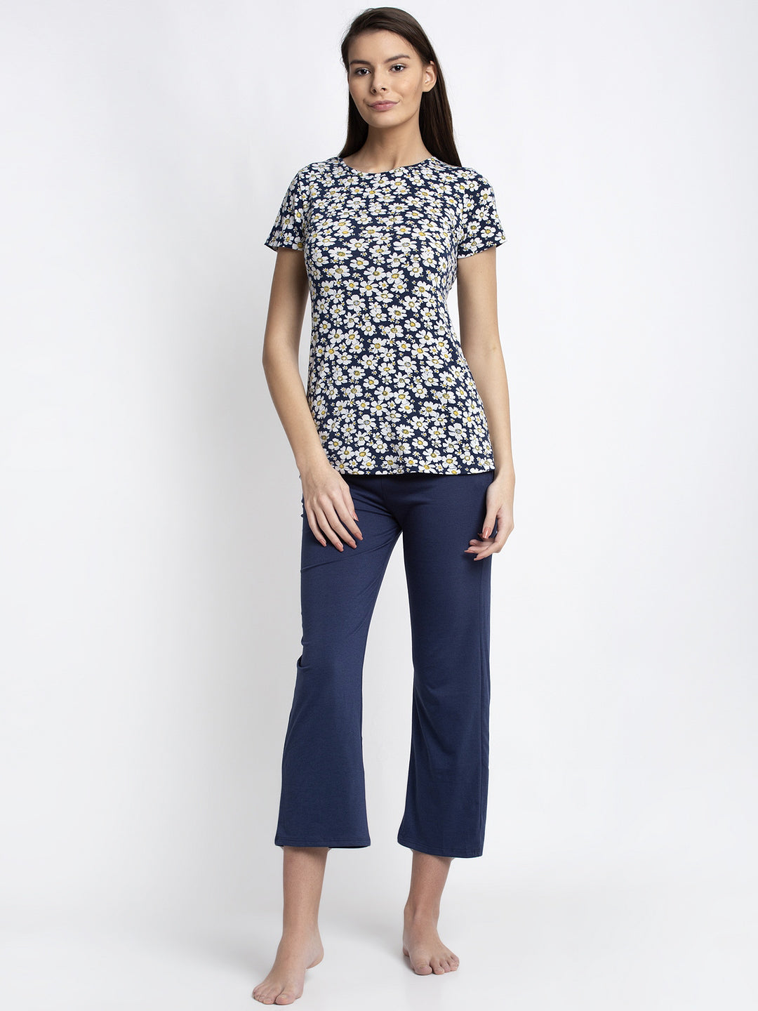 Women Navy Blue Round Neck Printed Night Suit
