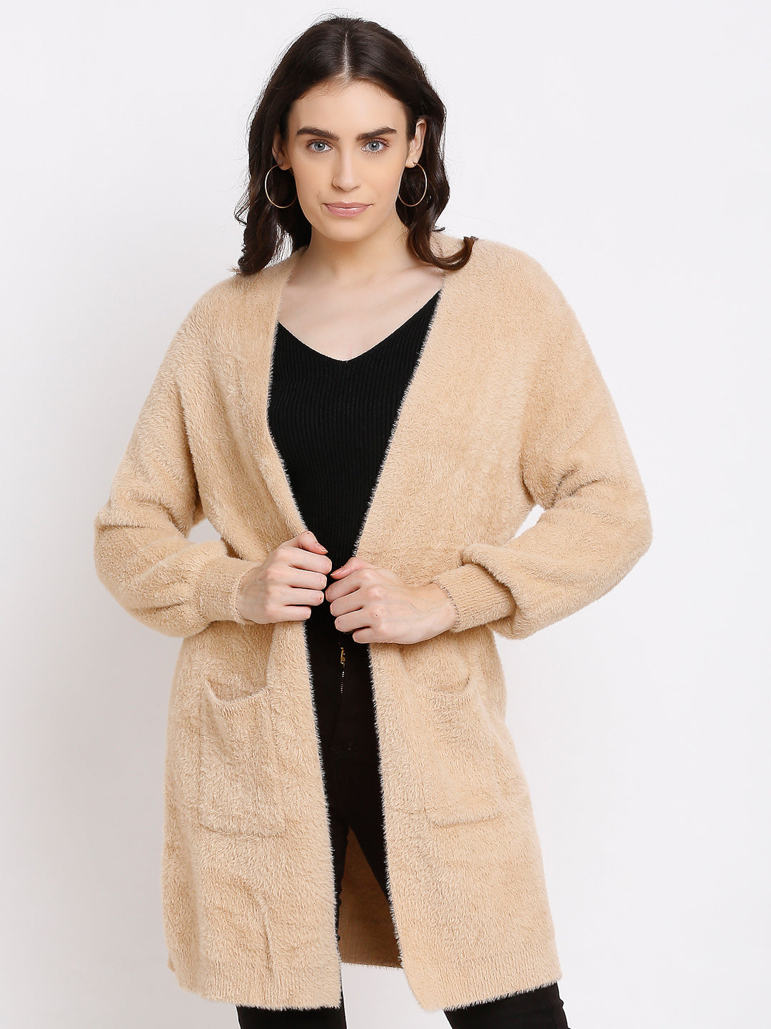 Women Beige Knitted Solid Open Neck Shrug