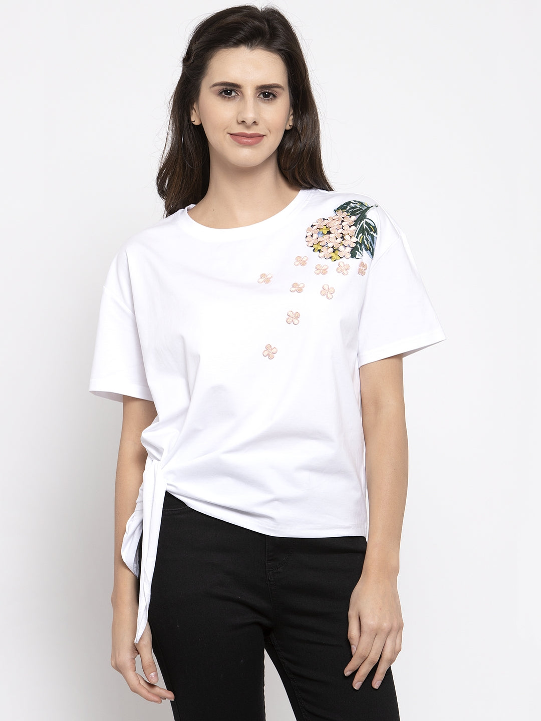 Women Printed White Knot Round Neck T-Shirt