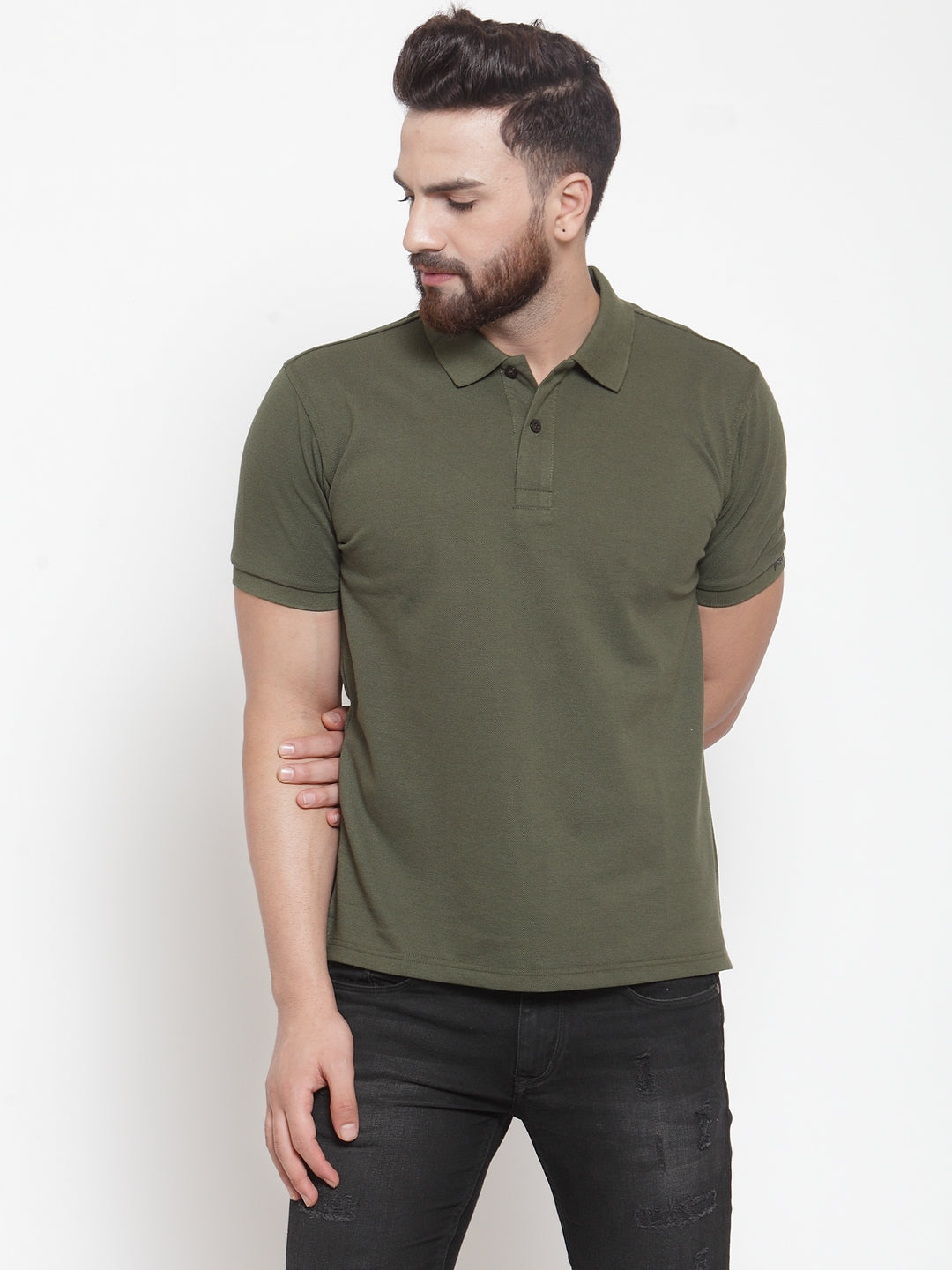 Mens Solid Olive Collar Regular Fit Polo T-Shirt