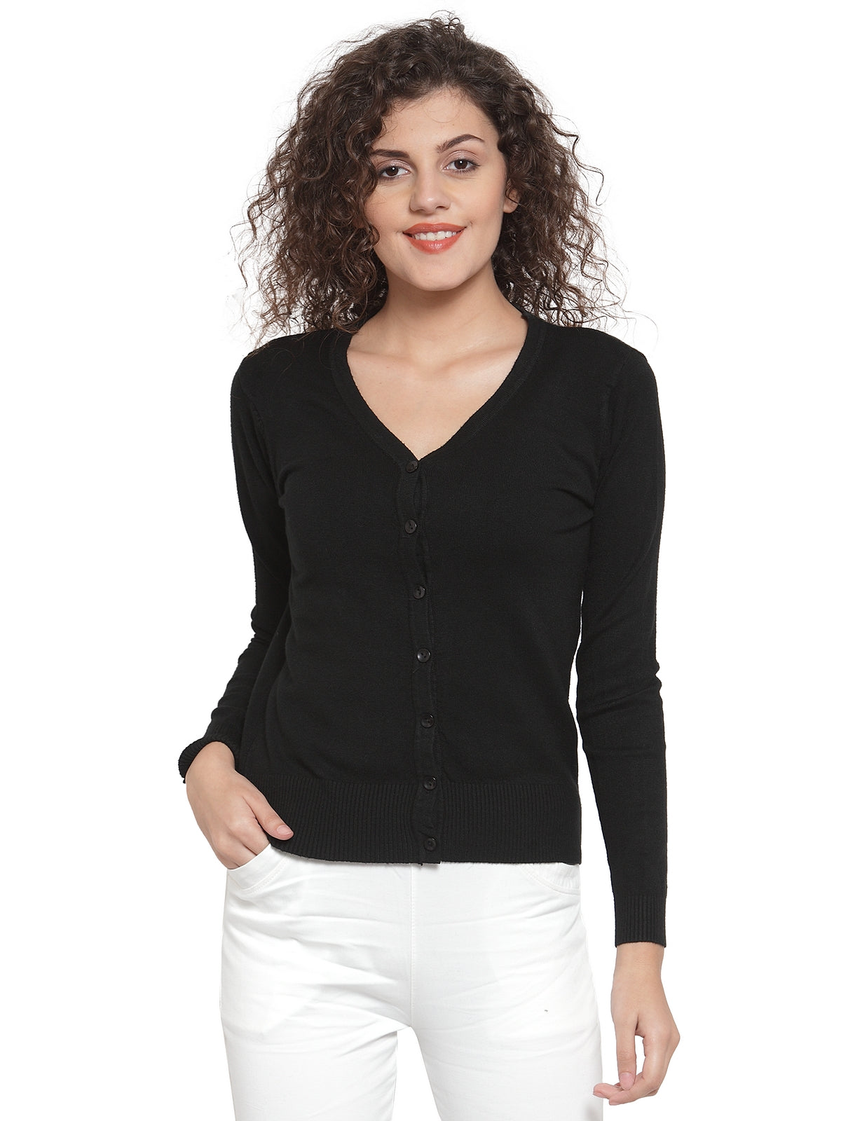 Women Solid Plain Black Cardigan