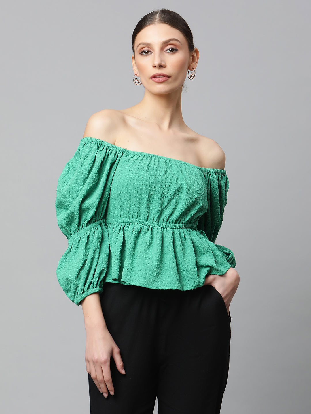 Green Off-Shoulder Peplum Top - Global Republic