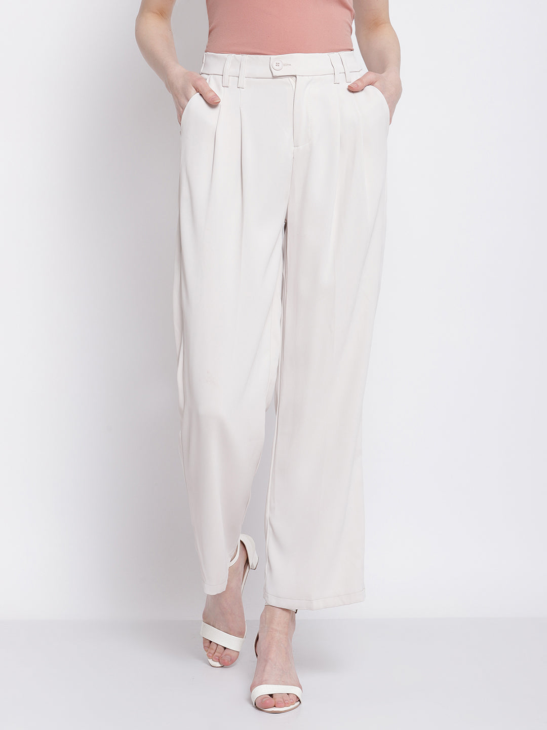 Women Relaxed-Fit Solid Beige Trouser Pants - Global Republic