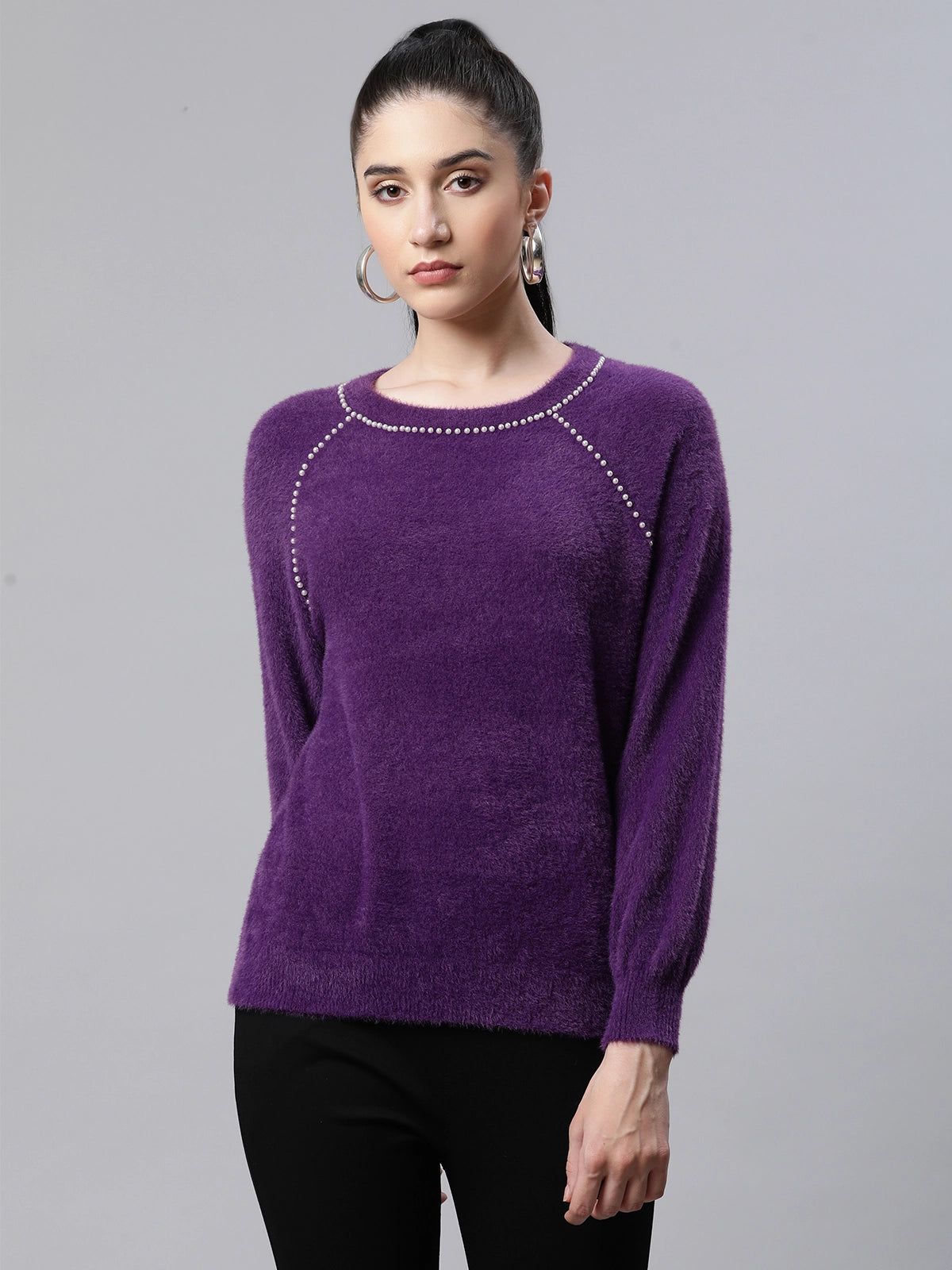 Buy Online Women Embellished Mulberry Woolen Casual