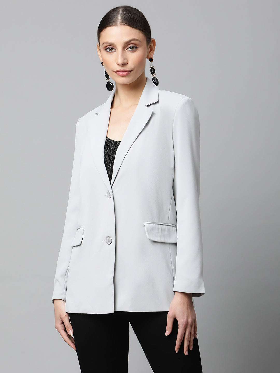 Women Grey Notched Collar Cotton Formal Coat