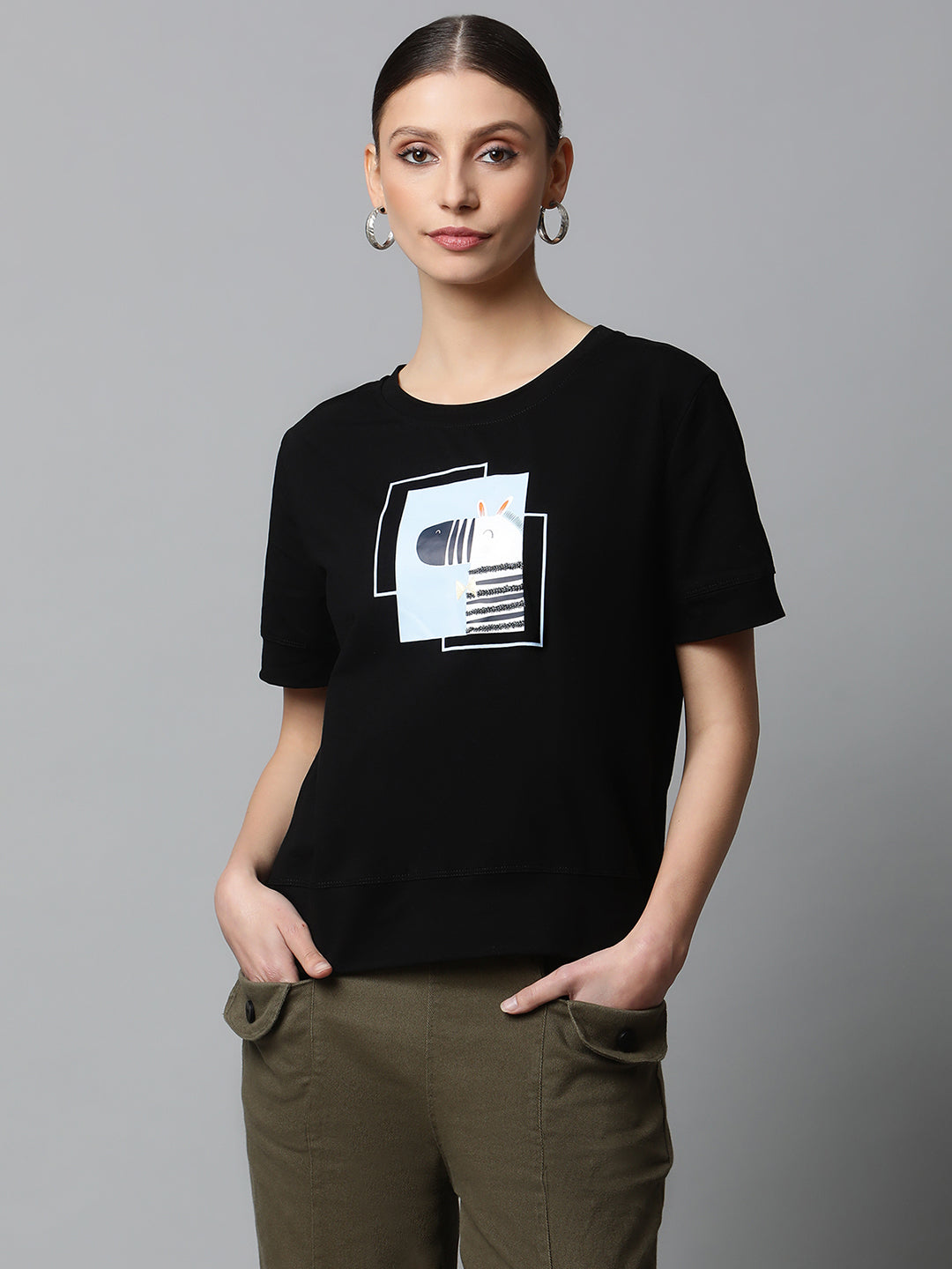 Women Regular Fit Black Animation Graphic Cotton T-Shirt - Global Republic