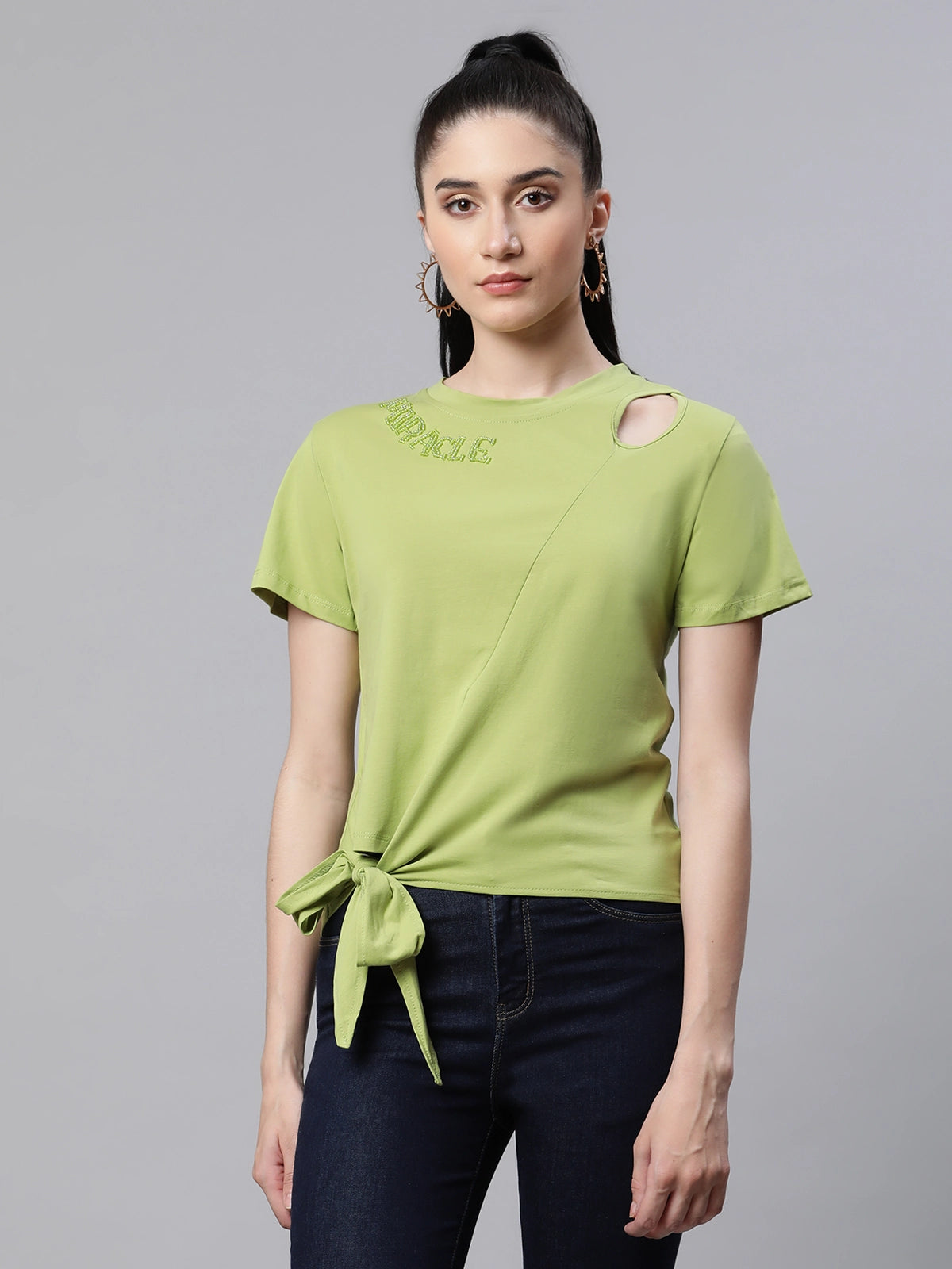 Women Regular Fit Bead Embroidered Leaf Green Top - Global Republic