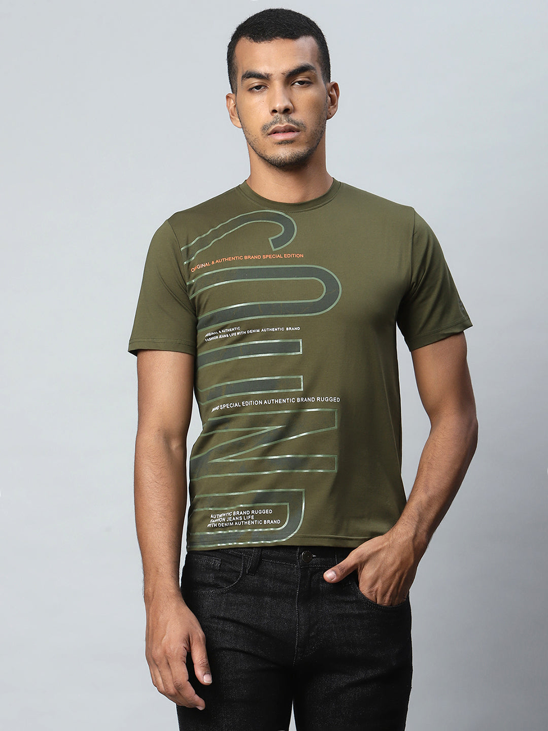 Men Olive Alpha Printed Casual T-Shirt