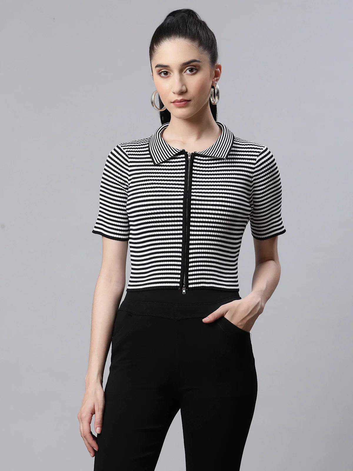Women Striped Slim Fit Cropped Casual Top