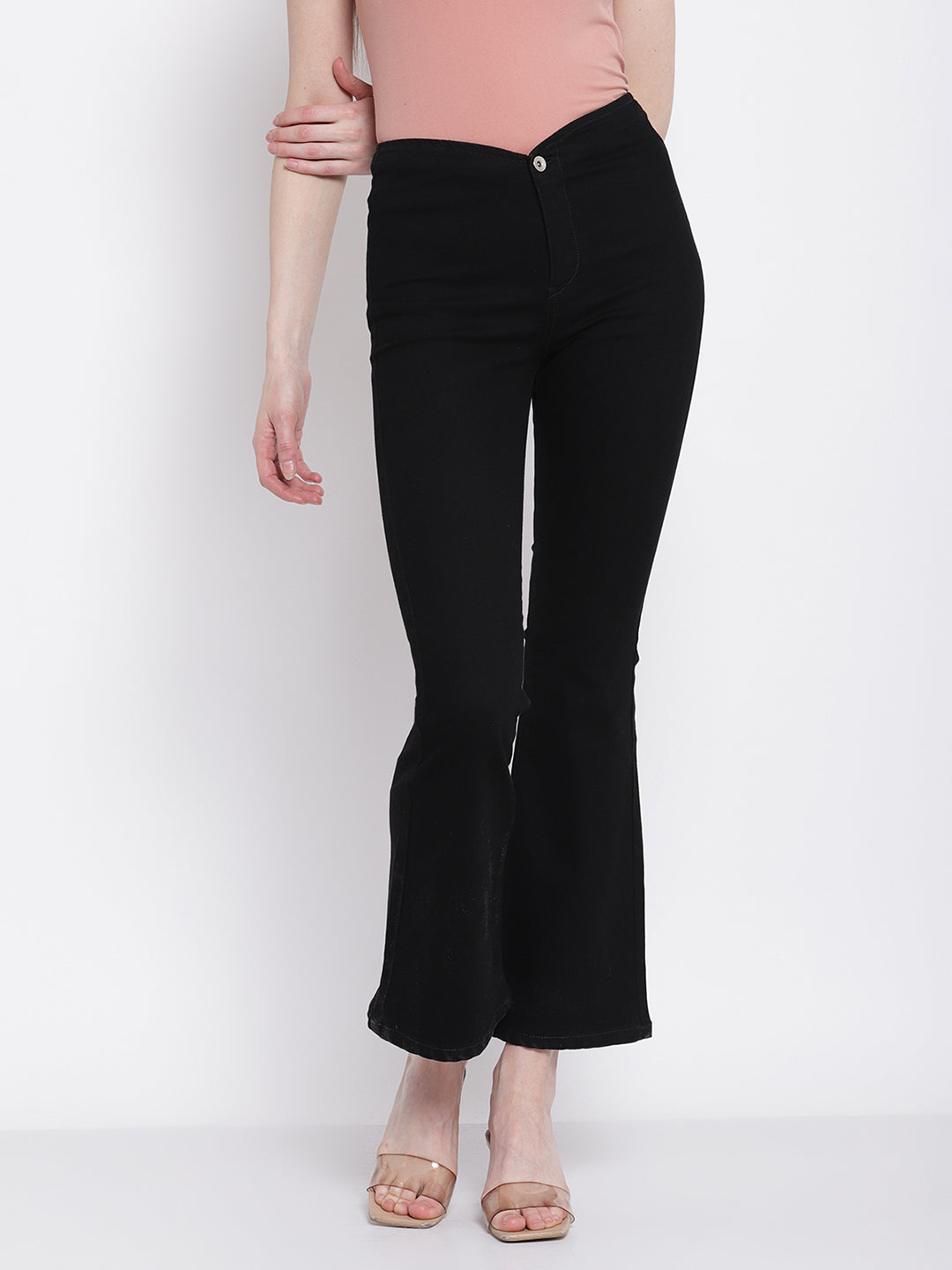 Buy Women Bell Bottom Fit Cropped Length Dark Black Jeans - Global