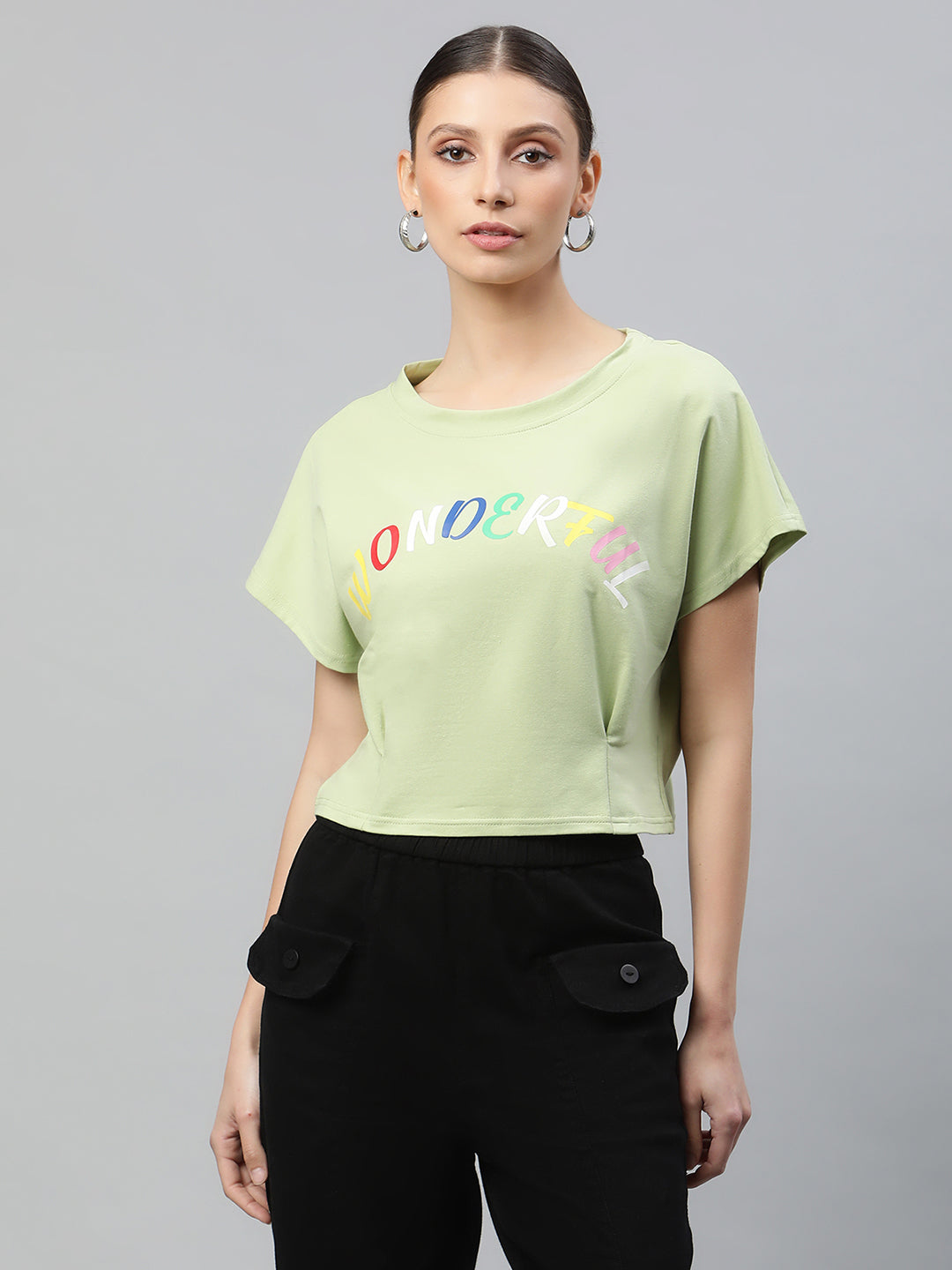 Women Pista Green Cropped Printed T-Shirt