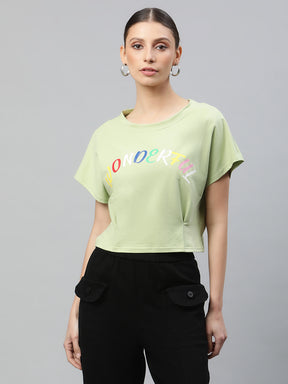 Women Pista Green Cropped Printed T-Shirt