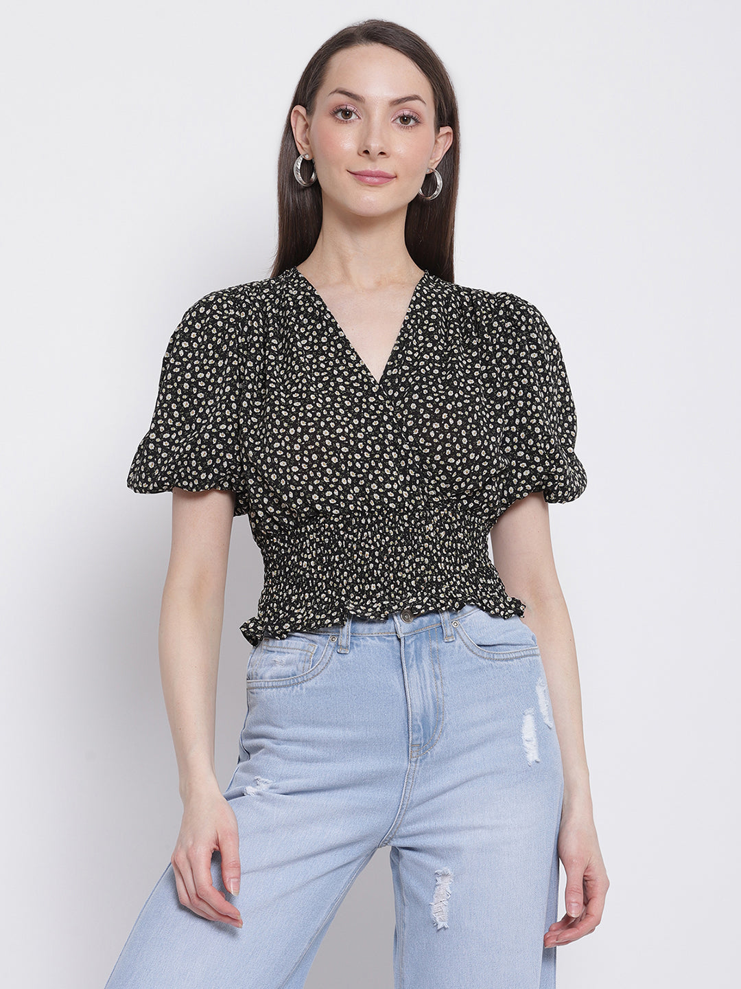 Women Black Colour Floral Print Crop Top