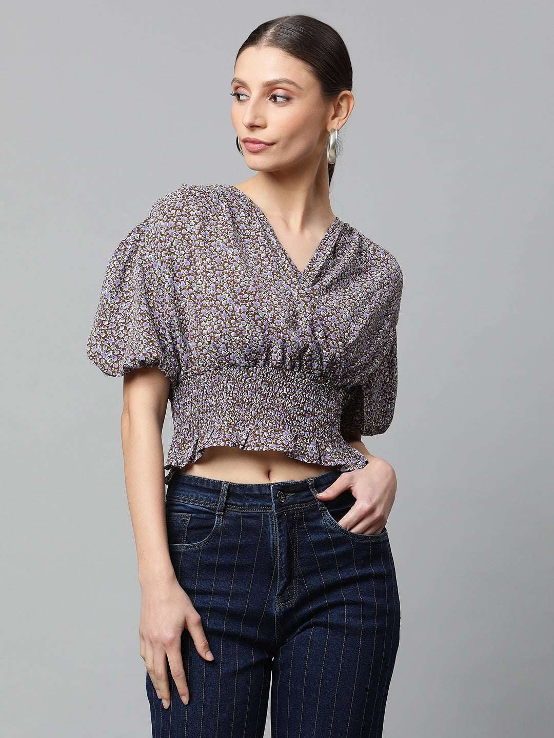Elasticated Hem Floral Print Cropped Top - Global Republic