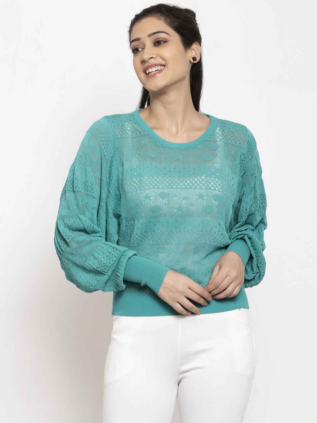 Women Turquoise Blue Embroidered Tops