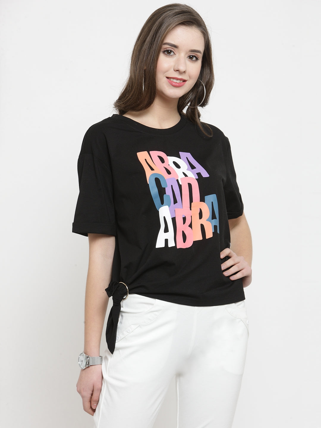 Women Black Printed Knot Round Neck T-Shirts
