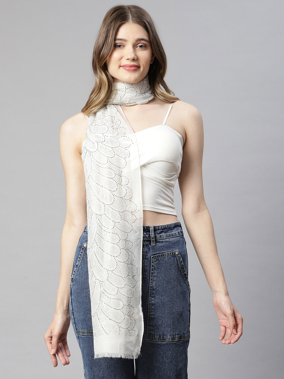 Women White Aplic Work Stole - Global Republic