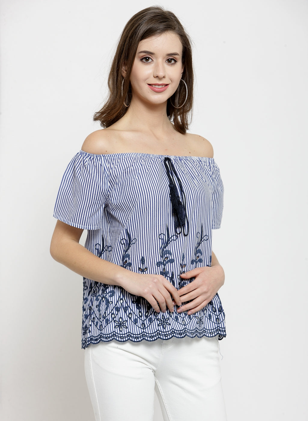 Women Embroidered Navy Blue Off Shoulder Top