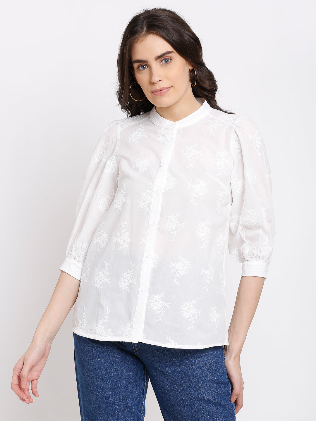 Women Off White Cotton Solid Mandarin Collar Shirt - Global Republic