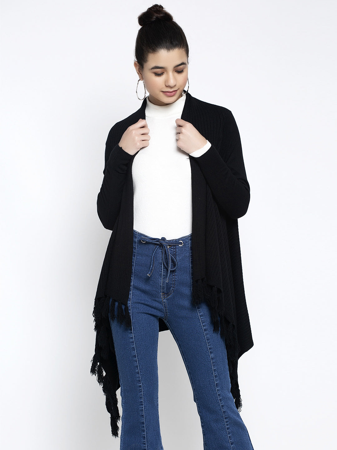 Women Black Front Open Solid Shrug