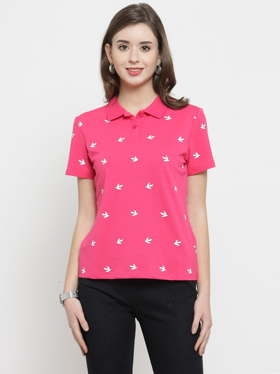 Women Pink Printed Collar Regular Fit T-Shirts