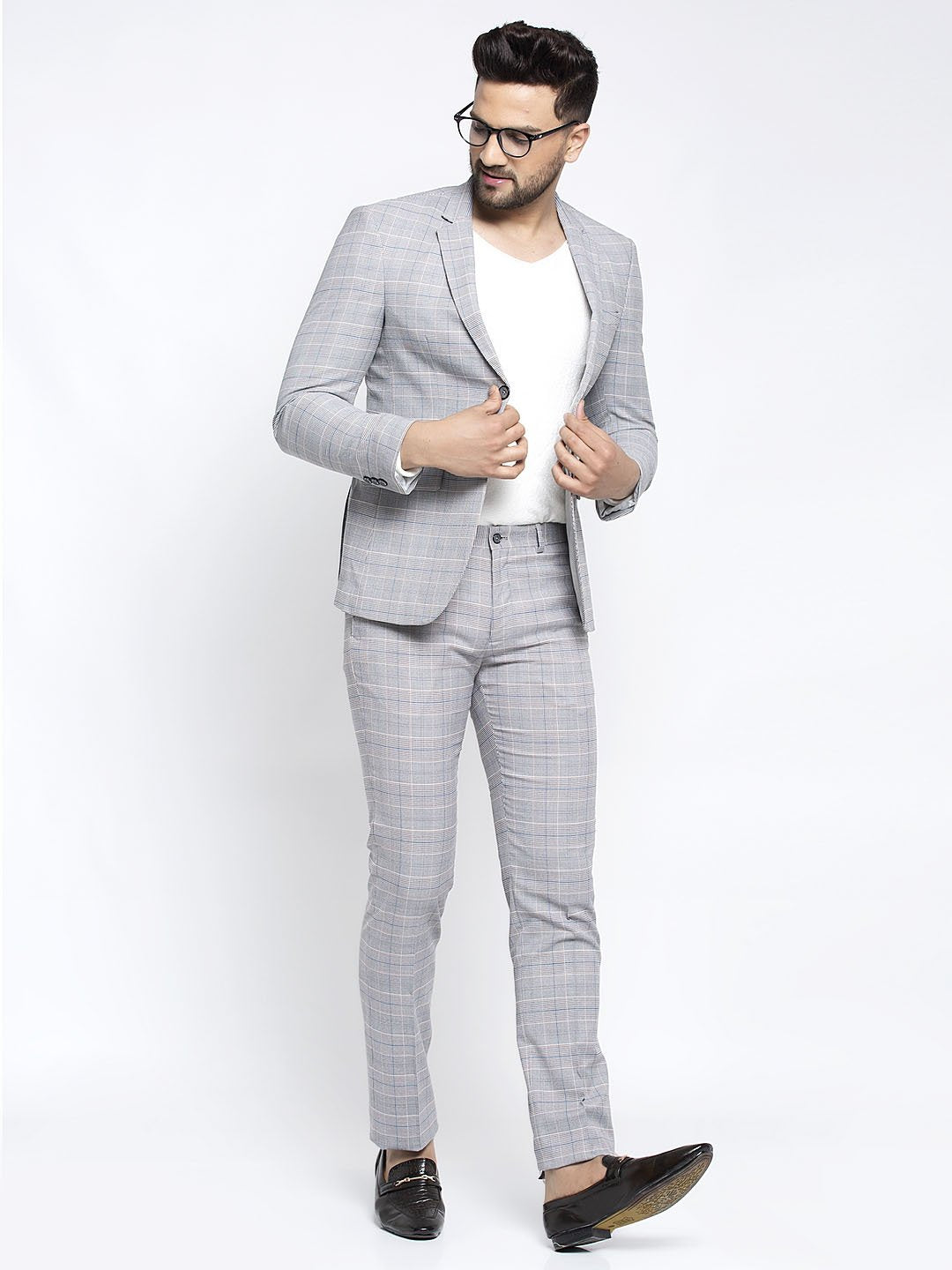Men Grey Checked 2-Piece Suit